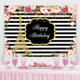 Lofaris Pink Roses White And Black Stripe Backdrop For Birthday